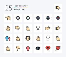 paquete de iconos rellenos de 25 líneas humanas que incluye la mano. hacer clic. dedos. votar. abajo vector