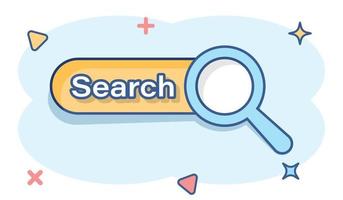 Vector cartoon search bar ui icon in comic style. Search website form illustration pictogram. Find search business splash effect concept.