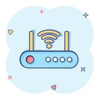 Wifi router icon in comic style. Broadband cartoon vector illustration on white isolated background. Internet connection splash effect business concept.