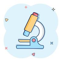 icono de microscopio en estilo cómico. Ilustración de vector de dibujos animados de lupa de laboratorio sobre fondo aislado. concepto de negocio de signo de efecto de salpicadura de instrumento de biología.