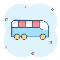 icono de autobús en estilo cómico. ilustración de vector de dibujos animados de entrenador sobre fondo blanco aislado. concepto de negocio de efecto de salpicadura de vehículo autobus.