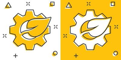 icono de hoja y engranaje en estilo cómico. Cog con ilustración de vector de dibujos animados de planta sobre fondo blanco aislado. concepto de negocio de signo de efecto de salpicadura de máquina ecológica.