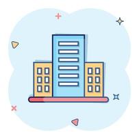 Building icon in comic style. Town skyscraper apartment cartoon vector illustration on white isolated background. City tower splash effect business concept.