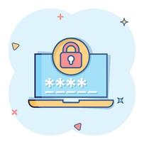 Laptop with password icon in comic style. Computer access cartoon vector illustration on white isolated background. Padlock entry splash effect business concept.