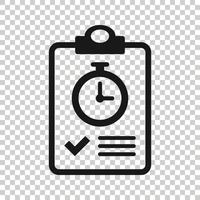 Document witch clock icon in flat style. Checklist survey vector illustration on white isolated background. Fast service business concept.