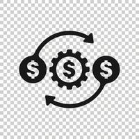 icono de optimización de dinero en estilo plano. Ilustración de vector efectivo de engranajes sobre fondo blanco aislado. concepto de negocio de proceso financiero.