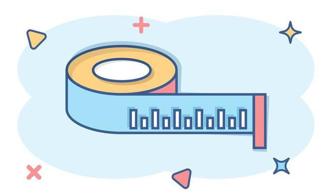 Measure tape icon in comic style. Ruler cartoon sign vector illustration on white isolated background. Meter splash effect business concept.