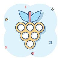 icono de signo de frutas de uva en estilo cómico. ilustración de dibujos animados de vector de vid sobre fondo blanco aislado. efecto de salpicadura de concepto de negocio de uvas de vino.