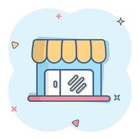 icono de la tienda de comestibles en estilo cómico. ilustración de dibujos animados vectoriales de construcción de tiendas sobre fondo blanco aislado. efecto de salpicadura de concepto de negocio boutique de mercado. vector