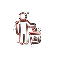 Garbage bin with people icon in comic style. Recycle cartoon vector illustration on white isolated background. Trash basket splash effect sign business concept.