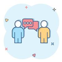 People with speech bubble icon in comic style. Chat cartoon vector illustration on white isolated background. Speaker dialog splash effect business concept.