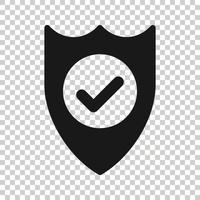 Shield with check mark icon in flat style. Protect vector illustration on white isolated background. Checkmark guard business concept.