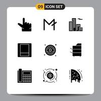 Pack of 9 Modern Solid Glyphs Signs and Symbols for Web Print Media such as electronics copier house btc bitcoin Editable Vector Design Elements