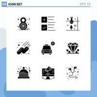 Group of 9 Modern Solid Glyphs Set for plus sputnik laboratory space science lab Editable Vector Design Elements