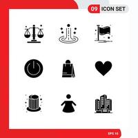 Universal Icon Symbols Group of 9 Modern Solid Glyphs of bed ui flag power off Editable Vector Design Elements