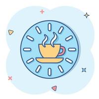 Coffee break icon in comic style. Clock with tea cup cartoon vector illustration on white isolated background. Breakfast time splash effect business concept.