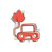 Eco car icon in comic style. Leaf and auto cartoon vector illustration on white isolated background. Bio charging splash effect sign business concept.