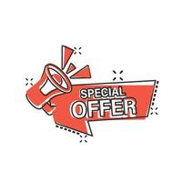 Special offer label icon in comic style. Megaphone with discount cartoon vector illustration on isolated background. Sale splash effect sign business concept.