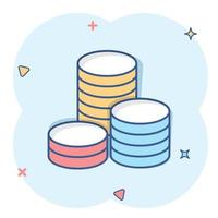 Vector cartoon coins stack icon in comic style. Money coin sign illustration pictogram. Currency money business splash effect concept.