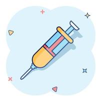 Syringe icon in comic style. Coronavirus vaccine inject cartoon vector illustration on isolated background. Covid-19 vaccination splash effect sign business concept.