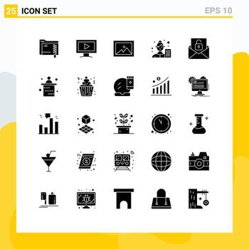 25 Universal Solid Glyphs Set for Web and Mobile Applications envelope communication image data scientist analyzer Editable Vector Design Elements