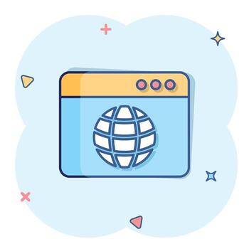 icono de dominio del sitio web en estilo cómico. ilustración de vector de dibujos animados de dirección de internet global sobre fondo blanco aislado. concepto de negocio de efecto de salpicadura de servidor.