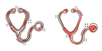 Stethoscope icon in comic style. Heart diagnostic cartoon vector illustration on isolated background. Medicine splash effect sign business concept.