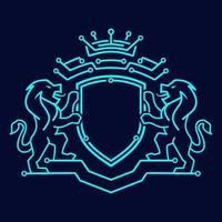 logotipo clásico de 2 leones azul claro que sostiene y protege el escudo de tecnología de seguridad vector