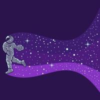 astronautas jugando baloncesto aislados en púrpura vector