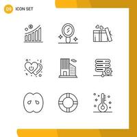 9 Universal Outline Signs Symbols of real estate building heart switch off Editable Vector Design Elements