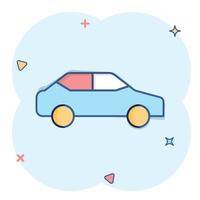 icono de coche en estilo cómico. ilustración de vector de dibujos animados de vehículo de automóvil sobre fondo blanco aislado. concepto de negocio de efecto de salpicadura de sedán.