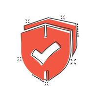 Shield with check mark icon in comic style. Protect cartoon vector illustration on white isolated background. Checkmark guard splash effect business concept.