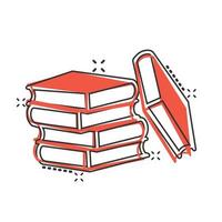 icono de la biblioteca de libros en estilo cómico. ilustración de vector de dibujos animados de enciclopedia sobre fondo blanco aislado. Concepto de negocio de signo de efecto de salpicadura de diccionario.