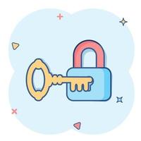 Key with padlock icon in comic style. Access login vector cartoon illustration pictogram. Lock keyhole business concept splash effect.