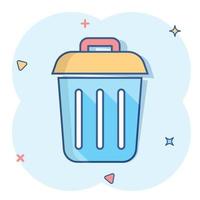 Trash bin garbage icon in comic style. Trash bucket vector cartoon illustration pictogram. Garbage basket business concept splash effect.