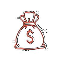 Money bag icon in comic style. Moneybag cartoon vector illustration on isolated background. Coin sack splash effect sign business concept.