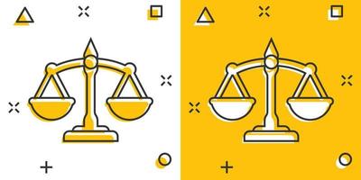 Scales icon in comic style. Libra cartoon vector illustration on isolated background. Mass comparison splash effect sign business concept.