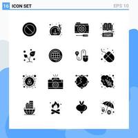 Pack of 16 Modern Solid Glyphs Signs and Symbols for Web Print Media such as leaf library folder keyboard book Editable Vector Design Elements