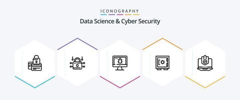 paquete de iconos de 25 líneas de ciencia de datos y seguridad cibernética que incluye seguro. armario. seguridad. cerrar con llave. pantalla vector