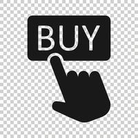 Buy shop icon in flat style. Finger cursor vector illustration on isolated background. Click button business concept.