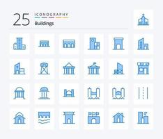 paquete de iconos de color azul de 25 edificios que incluye la casa. arquitectura. histórico. estructura. reloj vector