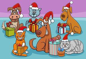 divertido grupo de animales de dibujos animados con regalos de navidad vector