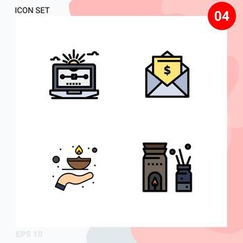 Editable Vector Line Pack of 4 Simple Filledline Flat Colors of drawing care computer money flame Editable Vector Design Elements