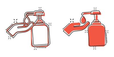 icono de desinfectante de manos en estilo cómico. ilustración de vector de dibujos animados de botella antiséptica sobre fondo aislado. desinfecte el concepto de negocio de signo de efecto de salpicadura de gel.