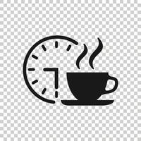 icono de pausa para el café en estilo plano. reloj con ilustración de vector de taza de té sobre fondo blanco aislado. concepto de negocio de la hora del desayuno.