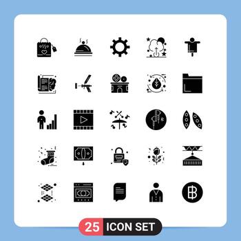 Set of 25 Vector Solid Glyphs on Grid for book farming cog farm upload Editable Vector Design Elements