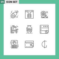 paquete de 9 signos y símbolos de contornos modernos para medios de impresión web, como la página de juegos de ánfora, búsqueda de tetris, elementos de diseño de vectores editables