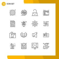 Mobile Interface Outline Set of 16 Pictograms of date plan terra day unlock Editable Vector Design Elements