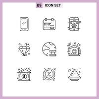 Pictogram Set of 9 Simple Outlines of data investment fathers day gem responsive Editable Vector Design Elements