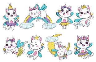 Bundle of drawn cute cartoon cats fairy with a magic wand in different poses in doodle style vector